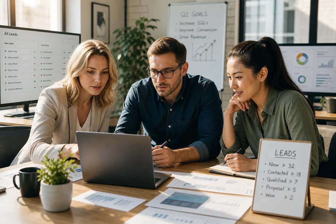 Équipe commerciale analysant un tableau de scoring des leads sur ordinateur