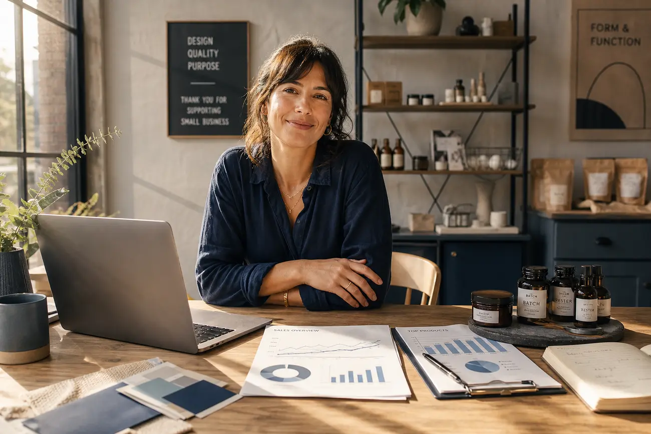 Small business owner reviewing AI search results on a laptop in a bright office
