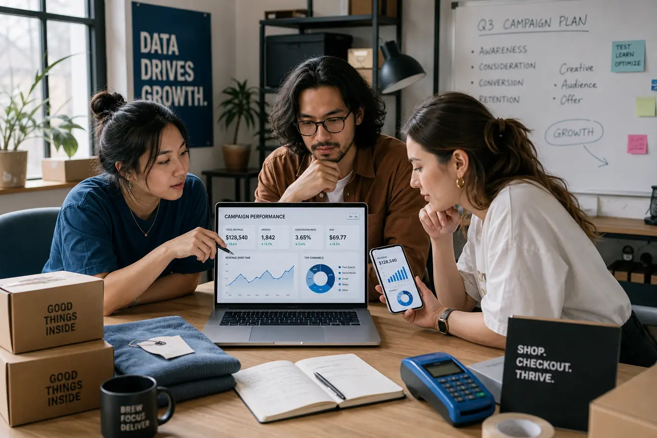 Tableau de bord e-commerce affichant le suivi des ventes et les performances de campagnes publicitaires