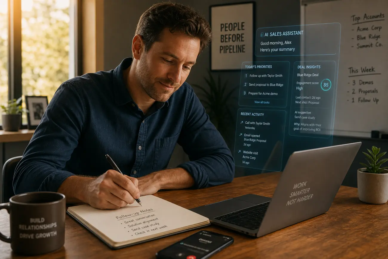 Sales professional reviewing AI-generated follow-up messages on a laptop before contacting a warm lead