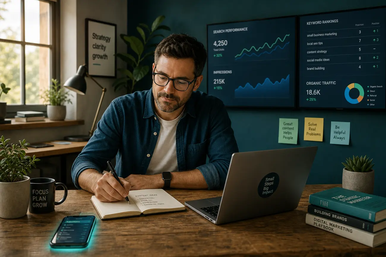 Marketing strategist reviewing SEO, GEO and AEO visibility data on a laptop
