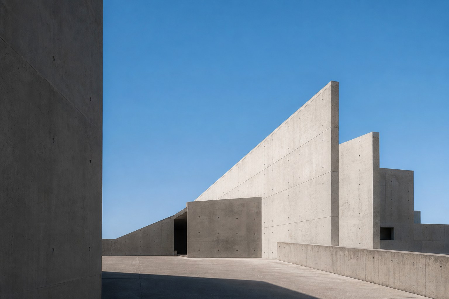Brutalist concrete architecture with hard shadows